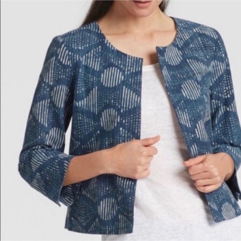 Eileen Fisher Hand Printed 100% Organic Cotton Indigo Blazer Jacket Cropped Sz M